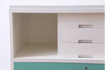 ペイント家具　当店オリジナルガラス入り　淡いカラーが可愛らしいチェスト(引き出し、収納タンス、整理たんす)(R-033394)