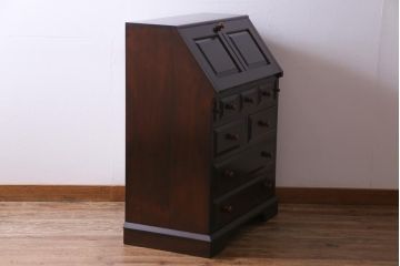 中古　松本民芸家具　収納力に富んだT型ライティングビューロー(引き出し、ワークデスク、在宅ワーク、在宅用)(定価約31万円)