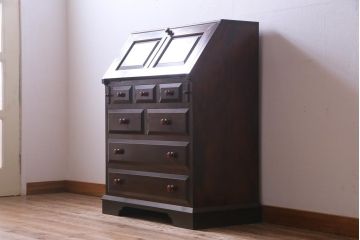 中古　松本民芸家具　収納力に富んだT型ライティングビューロー(引き出し、ワークデスク、在宅ワーク、在宅用)(定価約31万円)