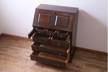 中古　松本民芸家具　収納力に富んだT型ライティングビューロー(引き出し、ワークデスク、在宅ワーク、在宅用)(定価約31万円)