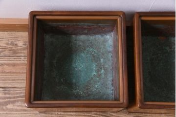 アンティーク雑貨　昭和初期　高級品!　桑材　共箱付き　美しい杢目の角火鉢一対(箱火鉢、手あぶり)