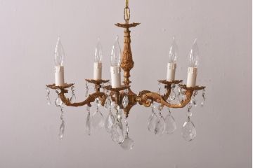 フランスビンテージ　優雅なキャンドル型のガラスドロップシャンデリア(5灯、天井照明、吊り下げ照明)