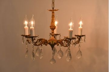 フランスビンテージ　優雅なキャンドル型のガラスドロップシャンデリア(5灯、天井照明、吊り下げ照明)