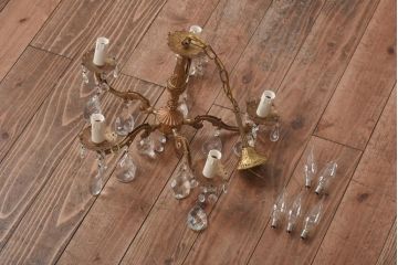 フランスビンテージ　優雅なキャンドル型のガラスドロップシャンデリア(5灯、天井照明、吊り下げ照明)