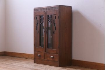 アンティーク家具　大正ロマン　栓材　幾何学模様がモダンな本箱(ブックケース、収納棚)