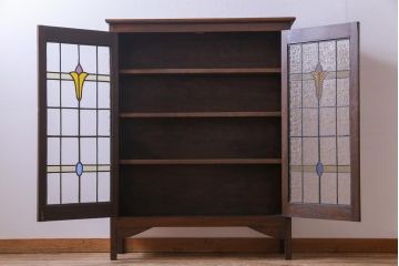 アンティーク家具　イギリスアンティーク　オーク材　薄型　当時物のステンドグラスがお洒落なキャビネット(収納棚、本箱)