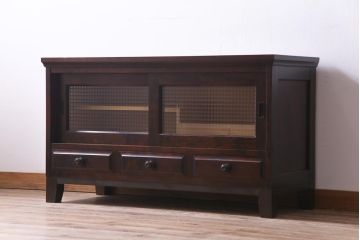 リメイク品　北海道民芸　チェッカーガラスがアクセントのローボード(テレビボード)