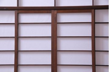【商談品】昭和期　ガラス入り　小さな障子戸付きの雪見障子(猫間障子、引き戸、擦り上げ障子戸、擦上障子戸、建具)4枚組