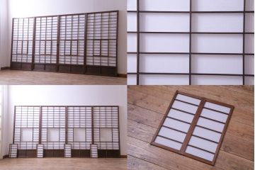 【商談品】昭和期　ガラス入り　小さな障子戸付きの雪見障子(猫間障子、引き戸、擦り上げ障子戸、擦上障子戸、建具)4枚組