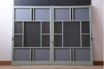 ペイント建具　赤い色ガラスがアクセントのフレンチシャビーなガラス戸2枚セット(窓、引戸)