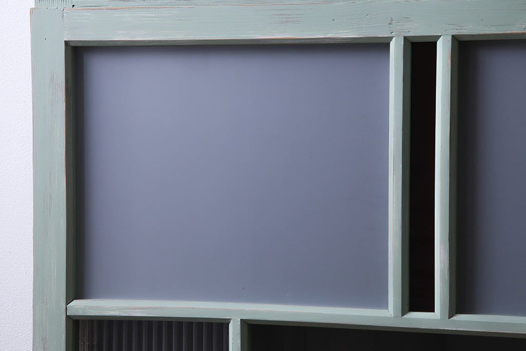 ペイント建具　赤い色ガラスがアクセントのフレンチシャビーなガラス戸2枚セット(窓、引戸)