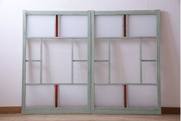 ペイント建具　赤い色ガラスがアクセントのフレンチシャビーなガラス戸2枚セット(窓、引戸)