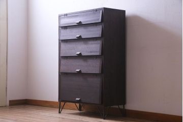 リメイク家具　前板ラワン材　パタパタ扉　濃い色合いが無骨な雰囲気を漂わせる鉄脚付き収納棚(5段タイプ)(下駄箱、戸棚、キャビネット)