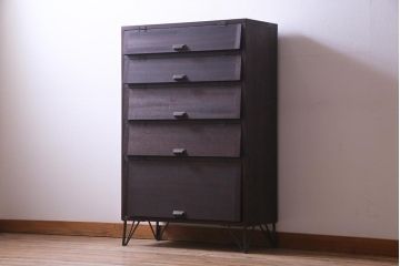 リメイク家具　前板ラワン材　パタパタ扉　濃い色合いが無骨な雰囲気を漂わせる鉄脚付き収納棚(5段タイプ)(下駄箱、戸棚、キャビネット)
