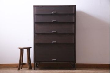 リメイク家具　前板ラワン材　パタパタ扉　濃い色合いが無骨な雰囲気を漂わせる鉄脚付き収納棚(5段タイプ)(下駄箱、戸棚、キャビネット)