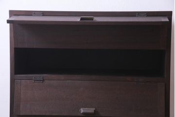 リメイク家具　前板ラワン材　パタパタ扉　濃い色合いが無骨な雰囲気を漂わせる鉄脚付き収納棚(5段タイプ)(下駄箱、戸棚、キャビネット)