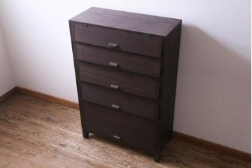 リメイク家具　前板ラワン材　パタパタ扉　濃い色合いが無骨な雰囲気を漂わせる脚付き収納棚(5段タイプ)(下駄箱、戸棚、キャビネット)