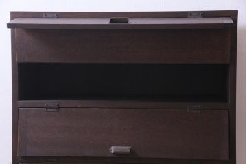 リメイク家具　前板ラワン材　パタパタ扉　濃い色合いが無骨な雰囲気を漂わせる脚付き収納棚(5段タイプ)(下駄箱、戸棚、キャビネット)
