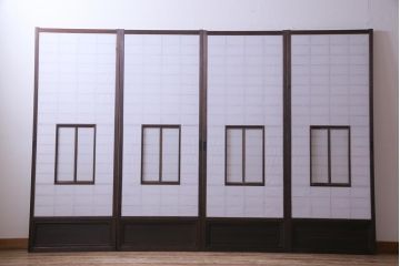 【商談品】昭和期　ガラス入り　小さな障子戸付き　スリムな雪見障子(猫間障子、引き戸、擦り上げ障子戸、擦上障子戸、建具)4枚セット