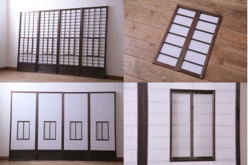 【商談品】昭和期　ガラス入り　小さな障子戸付き　スリムな雪見障子(猫間障子、引き戸、擦り上げ障子戸、擦上障子戸、建具)4枚セット
