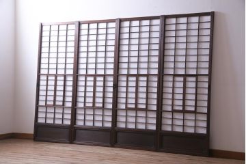 【商談品】昭和期　ガラス入り　小さな障子戸付き　スリムな雪見障子(猫間障子、引き戸、擦り上げ障子戸、擦上障子戸、建具)4枚セット
