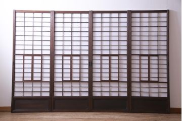 【商談品】昭和期　ガラス入り　小さな障子戸付き　スリムな雪見障子(猫間障子、引き戸、擦り上げ障子戸、擦上障子戸、建具)4枚セット