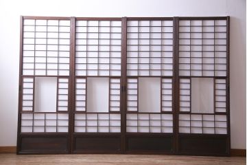【商談品】昭和期　ガラス入り　小さな障子戸付き　スリムな雪見障子(猫間障子、引き戸、擦り上げ障子戸、擦上障子戸、建具)4枚セット