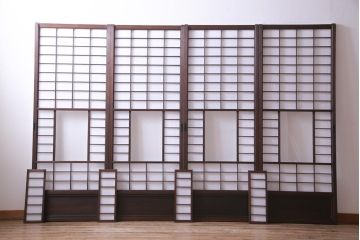 【商談品】昭和期　ガラス入り　小さな障子戸付き　スリムな雪見障子(猫間障子、引き戸、擦り上げ障子戸、擦上障子戸、建具)4枚セット
