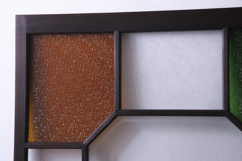 和製アンティーク　大正期　当時もの色ガラス入り!　レトロな色合いのガラス戸(引き戸、建具)2枚セット