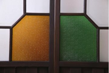 和製アンティーク　大正期　当時もの色ガラス入り!　レトロな色合いのガラス戸(引き戸、建具)2枚セット