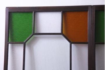 和製アンティーク　大正期　当時もの色ガラス入り!　レトロな色合いのガラス戸(引き戸、建具)2枚セット