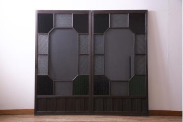 和製アンティーク　大正期　鮮やかな4色のガラス戸(引き戸、建具)2枚セット