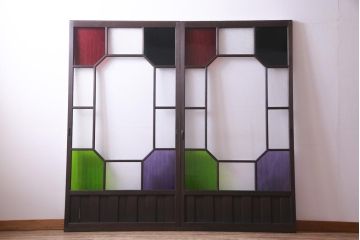 和製アンティーク　大正期　鮮やかな4色のガラス戸(引き戸、建具)2枚セット