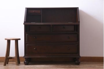 中古　松本民芸家具　H型　ボールフットが特徴的なライティングビューロー(ワークデスク、在宅ワーク、在宅用、チェスト)