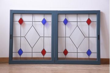 ラフジュ工房オリジナル　古建具リメイク　モールガラス　ステンドグラスがノスタルジックな雰囲気漂う戸棚(収納棚、サイドボード)