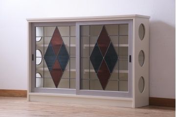 ラフジュ工房オリジナル　古建具リメイク　ノスタルジックなステンドグラス入り戸棚(収納棚、サイドボード、キャビネット)