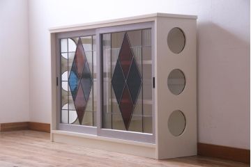 ラフジュ工房オリジナル　古建具リメイク　ノスタルジックなステンドグラス入り戸棚(収納棚、サイドボード、キャビネット)