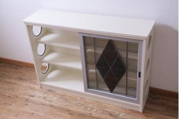 ラフジュ工房オリジナル　古建具リメイク　ノスタルジックなステンドグラス入り戸棚(収納棚、サイドボード、キャビネット)