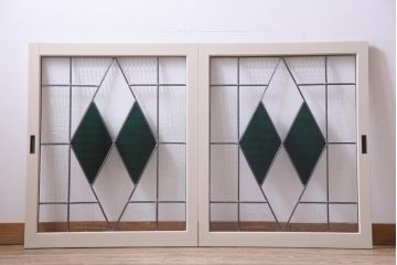 ラフジュ工房オリジナル　古建具リメイク　ステンドグラス入りのモダンな戸棚(収納棚、サイドボード)