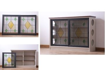 ラフジュ工房オリジナル　古建具リメイク　ステンドグラス入りのおしゃれな戸棚(収納棚、サイドボード)