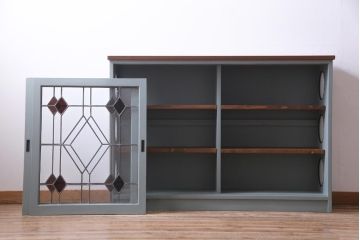 ラフジュ工房オリジナル　古建具リメイク　レトロモダンなステンドグラス入り戸棚(収納棚、サイドボード)