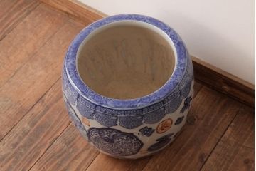 アンティーク雑貨　大正昭和初期　宝尽くし文様　鳳凰図　縁起物が描かれた日本風情溢れる瀬戸火鉢(鉢カバー)