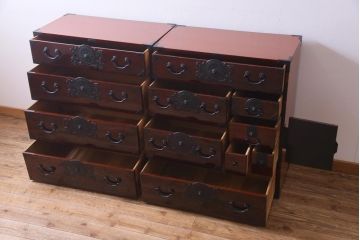 極美品　前面ケヤキ材　特大　木地呂塗りが上品な印象を与える一間仙台箪笥(夫婦タンス、時代箪笥、引き出し)