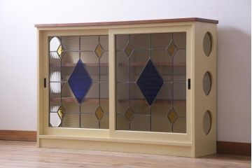ラフジュ工房オリジナル　古建具リメイク　ステンドグラスがおしゃれな戸棚(収納棚、サイドボード)(1)
