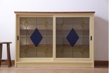 ラフジュ工房オリジナル　古建具リメイク　ステンドグラスがおしゃれな戸棚(収納棚、サイドボード)(1)