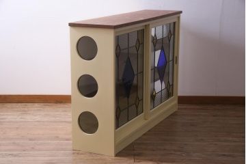ラフジュ工房オリジナル　古建具リメイク　ステンドグラスがおしゃれな戸棚(収納棚、サイドボード)(1)