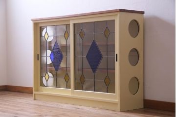ラフジュ工房オリジナル　古建具リメイク　ステンドグラスがおしゃれな戸棚(収納棚、サイドボード)(1)