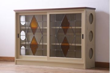 ラフジュ工房オリジナル　古建具リメイク　ノスタルジックなステンドグラス入り戸棚(収納棚、サイドボード)(1)