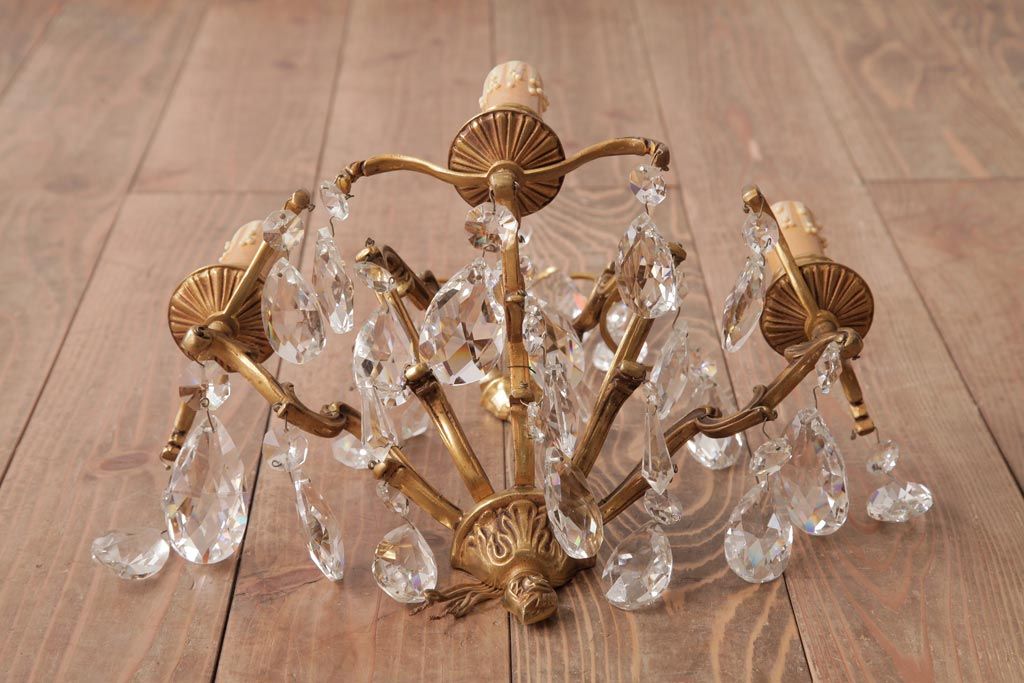 フランスビンテージ　ガラスドロップが煌めく壁掛けシャンデリア(3灯、照明、ウォールブラケット)(2)