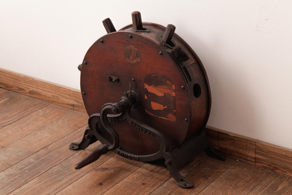 アンティーク雑貨 イギリスアンティーク HARRODS 手回し式 ナイフクリーナー・シャープナー(包丁研ぎ機、ディスプレイ)